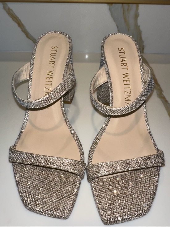 Stuart Weitzman Shoes - New Stuart Weitzman Glitter Strappy Mid Block Heel Sandals in Silver. Size 8B.